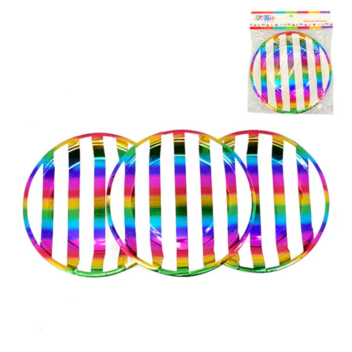 plato rayas Plato cartón arcoíris rayas 23cm 10 un - Imagen 1